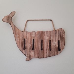 Wood Whale Shaped Wall Decor with black hooks